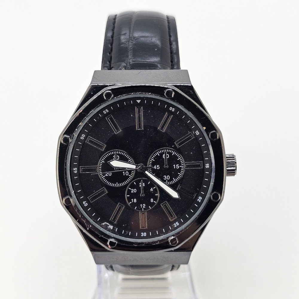 Men's Analog Watch 44MM Black Dial Case Black Faux Leather Bands New Battery